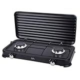 Jata JECG2702 Cocina de Gas portátil de 2 fuego con parrilla, Apta para butano y propano, Tapa protectora extraíble, Ideal para camping, Ocupa poco espacio