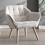 Ya-Home Silla de Salón de Lino Elegante Butaca Moderna con Patas Maderas,Silla Individual de Ocio Sillón Relax con Apoyabrazos para Hogar/Apartamento,Beige