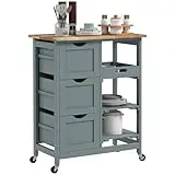 HOMCOM Carro de Cocina Carrito Auxiliar con Ruedas Tablero de Madera 3 Cajones 2 Estantes Abiertos y Bandeja Extraíble para Comedor Salón 67x37x85,5 cm Gris