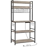 VASAGLE Estantería para Panadería con Toma de Corriente, Soporte de Microondas, Estantería de Cocina, Alambre de Metal, 14 Ganchos, 40 x 80 x 170 cm, Greige y Negro KKS025B02EU