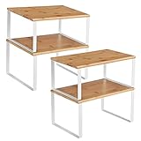 SONGMICS Organizadores de Cocina, Juego de 4 Estantes de Cocina, para Almacenamiento de Gabinete, Apilables, Expandibles, Metal y Madera de Ingeniería, Blanco y Natural KCS010N01