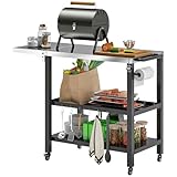 Outsunny Carrito de Parrilla de 3 Niveles Carrito de Barbacoa Carro de Servicio con Ruedas Estantes Encimera de Acero Inoxidable Lateral Plegable y Asa Mesa de Horno de Pizza para Jardín Patio Negro