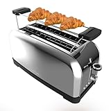 Cecotec Tostador vertical Toastin' time 1500 Inox, 1500W de Potencia, Doble ranura larga y ranura ancha 3,8cm, Varillas Superiores, Acero Inoxidable, Apagado y Pop-up Automático, Recogemigas