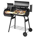 COSTWAY Barbacoa Carbon, Parrilla de Carbón con 2 Estantes 2 Ruedas y Termómetro, Sistema de Ventilación y Chimenea, Barbacoas de Carbon y Leña