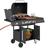 Outsunny barbacoa de gas 12,2 KW 3+1 quemadores barbacoa carrito de acero inoxidable incl. rollo quemador lateral termómetro parrilla parrilla encimera mesa lateral barbacoa de gas para balcón camping