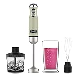 Cecotec Batidora de Mano Power RetroGreen 1200MAX Cream&Crush. Potencia Máxima 1200 W, Tecnología CrossBlades, 2 Velocidades, Set Accesorios aptos Lavavajillas, Campana antisalpicaduras