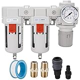 NANPU 3/8' BSP Filtro Dobles＆Regulador de Aire, Sistema de Secado de Aire Comprimido，Separador de Agua y Reductor de Presión, Elemento de Latón de 5 μm, Drenaje Semiautomático, Manómetro de 0-10 Bar