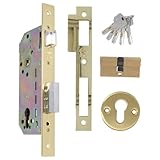 Amig - Cerradura de Embutir con Cilindro de Seguridad y Bocallave + 5 Llaves - Para Puertas de Madera de Entrada - De Acero Latonado - Picaporte Reversible - Para Manillas de 8 mm