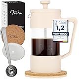 Milu French Press Cafetera | 350 ml, 600 ml, 1 L | Prensa de café de cristal, para casa, viajes, camping, incluye platillo, cuchara, filtro de repuesto (beige, 600 ml (3 tazas)