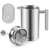 Dixmas Cafetera de émbolo 1 litro acero inoxidable, Cafetera de prensa francesa con 5 filtros gratis, Adecuada para 8 tazas, Doble pared, Plata