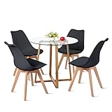 H.J WeDoo Juego de mesa de comedor con 4 sillas redondas de cristal y 4 sillas de estilo nórdico para balcón, comedor y sala de estar, color negro