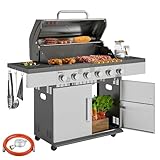 Outsunny Barbacoa de gas 8500BTU con carro de barbacoa con 6 quemadores de acero inoxidable, rollo termómetro, reductor de presión, manguera de gas, tapa, estantes laterales, barbacoa de jardín para