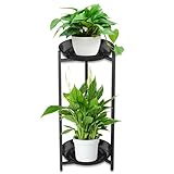Soporte de metal para plantas de 2 niveles para interiores, estante alto redondo de esquina negra para múltiples plantas al aire libre, soporte para macetas para balcón, sala de estar, jardín, patio