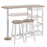 LOLAhome Conjunto de Mesa Alta y 2 Taburetes con 1 Cajón, 2 Estantes, Cesta extraíble y Botellero para Cocina de Madera Blanco y Natural de 120x89x37 cm