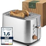 WALDWERK Tostadora de diseño, de acero inoxidable 304 y madera de roble, para 2 rebanadas, con accesorio para panecillos, con compartimentos extra anchos y profundos, con bandeja recogemigas