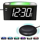 Mesqool Reloj Despertador de vibración Fuerte, Pantalla de LED, luz Nocturna de 7 Colores, Control de Brillo, 3 Niveles de Volumen, 2 Puertos de Carga USB, Type C, Reloj Digital para Parejas, sordos