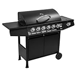 Amig - Barbacoa de gas Fireplus 6+1 de 12,9 kW | Acero inoxidable Negro | Parrilla con ruedas Modelo GRILL-6F | Barbacoa XXL con carro y termómetro | 138x52x103 cm | 7 quemadores y Bandeja lateral