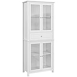 HOMCOM Alacena de Cocina Mueble Vitrina con 4 Puertas de Vidrio Templado Cajón y Estantes Ajustables para Salón Comedor 74x35,5x181,5 cm Blanco