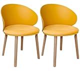 LEWE Pack de 2 Sillas de Comedor, Silla de Conferencia, Respaldo Curvado, Asiento Tapizado con Vellón Holandés, Silla con Reposabrazos, Respaldo Impermeable, Sillas de Cocina, Madera - [Amarillo]