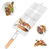 Cesta de Parrilla, Cesta para Asar Pescado, Canasta de Parrilla de Barbacoa, Rejilla para Barbacoa, Canasta Parrilla, Plegable, con Mango de Madera, para Pescado, Verduras, Camarón, Carne