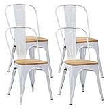 Duhome Juego de 4 sillas de comedor de metal con respaldo, sillas de cocina apilables, color blanco y madera natural