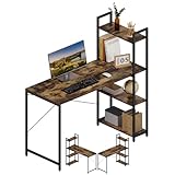 Klihome Escritorio con Estanteria de 4 Niveles, Mesa de Trabajo con Estantes Laterales, Mesa Escritorio Esquinero, Mesa de Ordenador para Estudio u Oficina, 120x50x120 cm, Marrón rústico+Negro