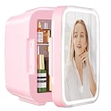 YASHE Mini nevera para dormitorio, nevera Skincare con espejo LED, nevera pequeña de 4 l portátil, termoeléctrica y refrigerador 220 V AC / 12 V DC para coche, oficina, dormitorio (rosa)