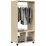 HOMCOM Armario Ropero con Ruedas Armario para Ropa con Barra Estantes Abiertos Organizador para Colgar Ropa de Dormitorio 60x40x128 cm Natural