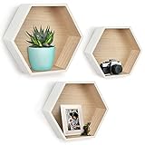 Belle Vous Pack de 3 Estanterías de Pared Hexagonal Blanca Estantes Flotantes Decorativos Madera con Tornillos y Tacos - Estante Pared Rustico para Sala de Estar, Dormitorio, Cocina, Baño, Oficina