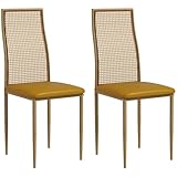 HOMCOM Pack de 2 Sillas de Comedor Sillas de Cocina Modernas con Respaldo de Ratán Sintético Asiento Tapizado de Cuero PU y Patas de Acero 40x50x97 cm Ocre