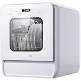 AIRMSEN Lavavajillas de Encimera Mini Lavavajillas con Tanque de 5L, 7+2 Programas Diseño Ultra Estrecho (37x50cm) y Gran Profundidad Lavavajillas Compacto Rociado Dual 360° Blanco (Blanco)