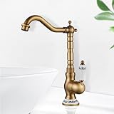 ROWINNAO Grifo Lavabo Alto Retro, Grifo de Lavabo Monomando Vintage, Mango de Cerámica Caño Alto Giratorio de 360°, Grifo de Agua Caliente y Fría Monomando de Baño o Cocina, Latón Antiguo