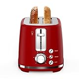 LONGDEEM 2-Slice Toaster 1.5' Extra Wide Slot Stainless Steel with High Lift Lever, 6-Shade Settings & Reheat/Defrost/Cancel Function, Removal Crumb Tray, Under Base Cord Storage, Red