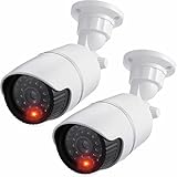 JUSTOP Cámaras CCTV falsas, 2 cámaras de seguridad falsas con LED intermitente, impermeables para uso en interiores o exteriores, carcasa profesional en blanco y negro (paquete de 2 unidades)