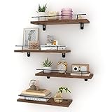HORLIMER Estanteria Pared de Madera Marron con Barandillas Metálicas Negro, Juego de 4 Baldas Pared para Ahorrar Espacio en la Cocina, Baño y Sala de Estar(39.8 x 12.8 x 1.5cm).