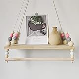 IVAILEX Estante Flotante Colgante de Madera de Pino, Madera Estante con Perlas de Madera y Toallero, Decorativa para Dormitorios, Salas de Estar, Oficina, Habitación Infantil - Color Rosa