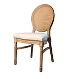 EME Mobiliario Silla Medallón Luis XVI de Madera de Abedul Envejecido. Silla con Respaldo de Rejilla de Ratán Natural de Estilo francés. Asiento Acolchado de Lino Beige.