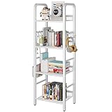 YMYNY Estantería de 4 Niveles, Librería, Biblioteca, Estante de Almacenamiento, con Gancho en S de 8 Piezas, Marco Metálico, Estilo Minimalista, para Sala de Estar, Oficina, Baño, Blanco HBC054W