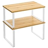 SONGMICS Estante para Especias, Juego de 2, Organizador de Armario, Estante de Almacenamiento de Cocina Extensible, Especiero de Metal y Madera de Ingeniería, Blanco Nube y Beige Natural KCS02NW