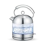 SEVERIN Hervidor de agua retro , 2.400 W, 1.7 L, Elemento calefactor cubierto por placa de acero inoxidable, Vidrio / Acero inoxidable cepillado, WK 3459