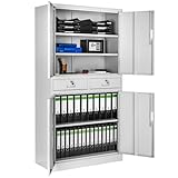 tectake® Armario Archivador Oficina en Acero, Armario Exterior e Interior con Candado Seguridad, Armario Multiusos con 5 Alturas, 4 Puertas, 2 Cajones, 3 Estantes Ajustables, 180x80x40 cm - gris claro