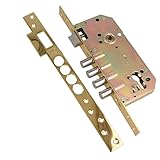 Amig - Cerradura de Embutir Con Bulones para Puertas de Madera Mod. 100-50/85 mm - Con Cilindro y Escudo de Seguridad - Picaporte Reversible - Acero Latonado Barnizado