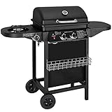 Barbacoa a gas con 2 quemadores de gas compactos, quemador lateral, rejilla barbacoa,mesas laterales y carro de acero, 8,7 kW de potencia