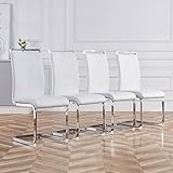 Merax Juego de 4 sillas oscilantes para comedor con piel sintética y respaldo alto, estructura de metal cromado, silla de cocina moderna, silla tapizada para sala de conferencias, color blanco