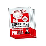 Cartel videovigilancia - Placa alarma conectada - Carteles zona videovigilada - Aviso a la Policía 20x15 cm Rojo Interior/Exterior (5 Piezas Cartel videovigilancia)