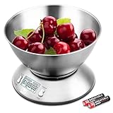 Uten Báscula Digital para Cocina con Bol Removible, 11 lbs / 5 kg, Acero Inoxidable, Retroiluminación Blanca, Alarma y Sensor de Temperatura, Pantalla LCD, (Baterías Incluidas)