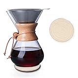 QLESHINING Cafetera de cuello de madera con filtro de acero inoxidable reutilizable y almohadilla de posavasos, jarra de café de vidrio de borosilicato de 800 ml, collar de madera, cafetera goteadora