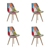 HJhomeheart Juego de 4 Sillas de Comedor de Tela Patchwork con Cojín de Asiento Extraíble y Patas de Madera Maciza para Comedor, Sala de Estar, Cocina, etc. (Retazos Rojo)