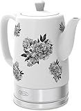 BELLA Hervidor eléctrico y tetera - Calentador de agua de cerámica con base giratoria extraíble, función de apagado automático y protección al hervor, 1,5 litros, flores negras