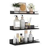 Giftgarden Estanteria Pared de Madera Negro con Barandillas Metálicas Negro, Juego de 3 Baldas Pared de Diferentes Tamaños, Ideales para Ahorrar Espacio en la Cocina, Baño y Sala de Estar